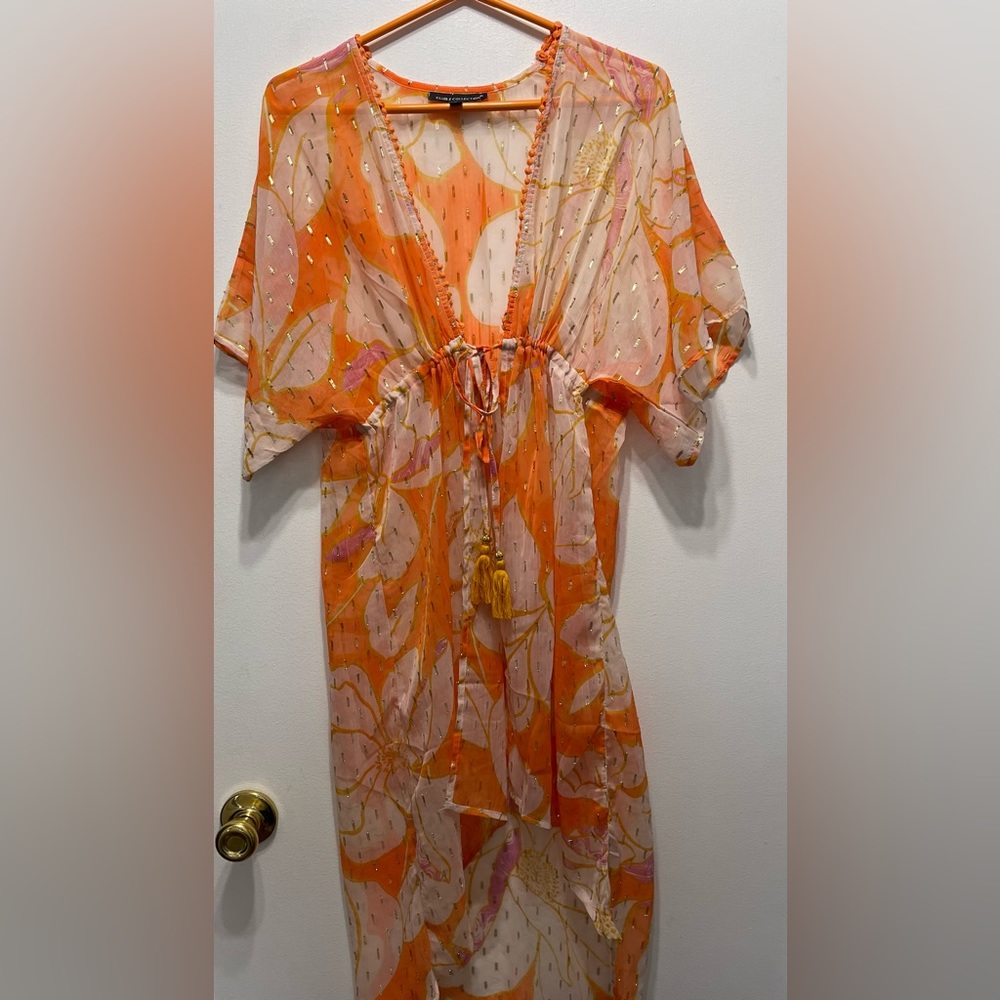 Sheer tassel detail gold & orange beach coverup